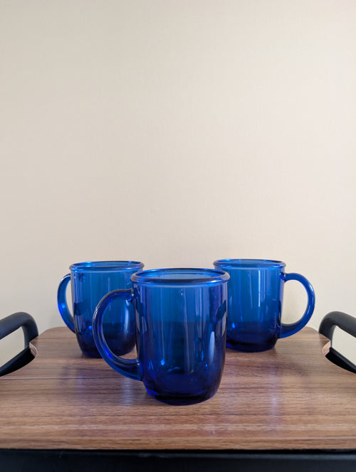 1970s ARCPROC FRANCE COBALT VINTAGE BLUE GLASS MUGS
