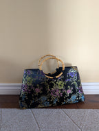 SATIN FLORAL BAMBOO HANDLE VINTAGE PURSE