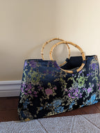 SATIN FLORAL BAMBOO HANDLE VINTAGE PURSE