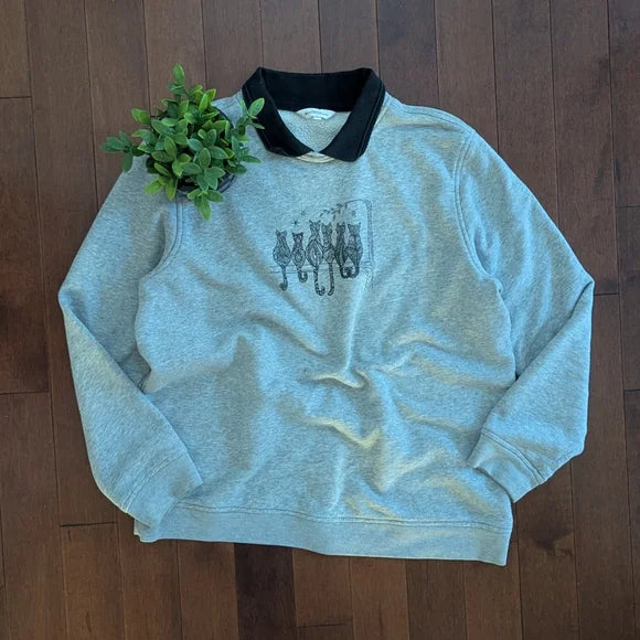 NORTHERN REFLECTIONS CAT PRINT VINTAGE COLLARED SWEATSHIRT