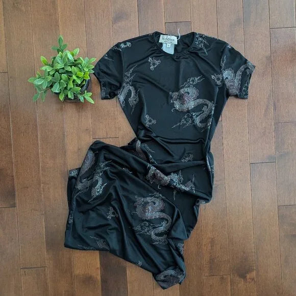 LE CHATEAU VINTAGE 1990s DRAGON PRINT VINTAGE MAXI DRESS