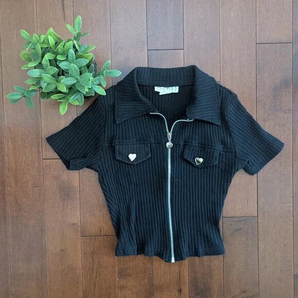 HEART DETAIL BLACK 1990s VINTAGE RIBBED ZIPPER TOP
