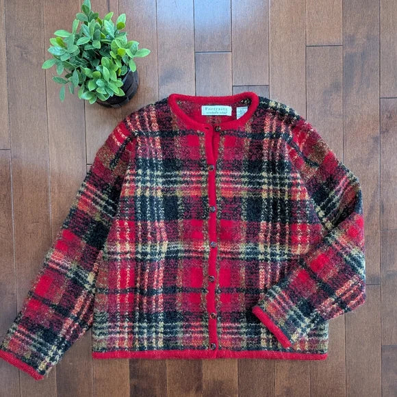 RED TARTAN PLAID VINTAGE 1990s KNIT CARDIGAN SWEATER