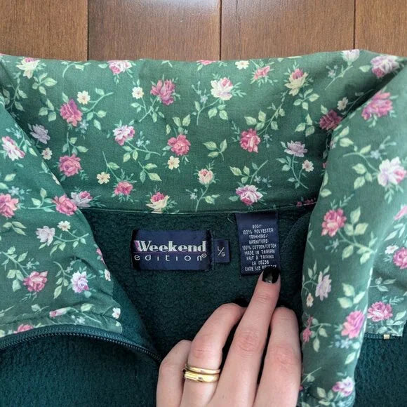 FLORAL COLLAR DETAIL VINTAGE 1990s FLEECE QUARTER ZIP SWEATSHIRT