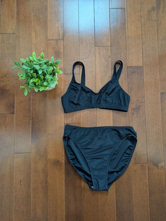 CHRISTINA BASIC RIBBED BLACK VINTAGE 1990s HIGH WAIST BIKINI