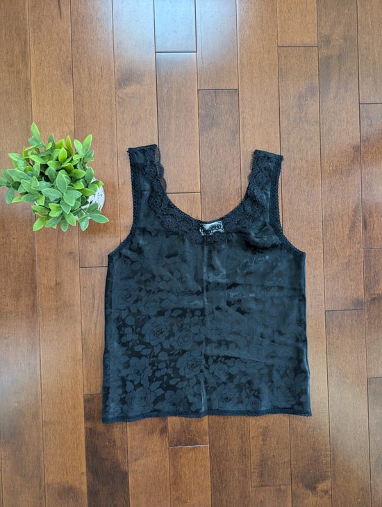 LINDA LINGERIE ROSE PRINT LACEY SILKY SATIN VINTAGE 1990s TANK TOP