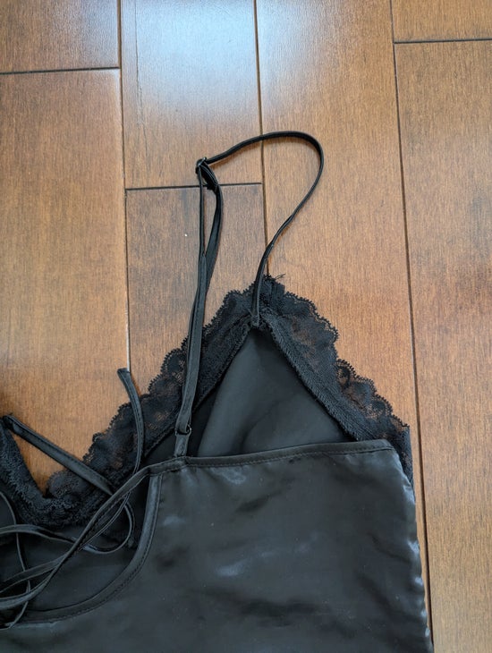 BLACK SATIN LACE DETAIL VINTAGE SLIP DRESS