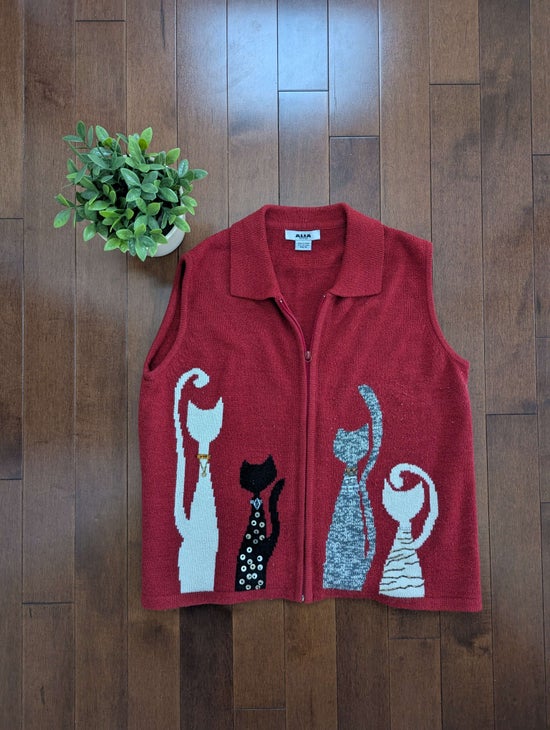 QUIRKY CAT PRINT VINTAGE KNIT SWEATER VEST