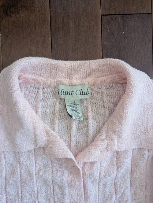BABY PINK EYELET SHORT SLEEVE VINTAGE KNIT BUTTON UP  SWEATER