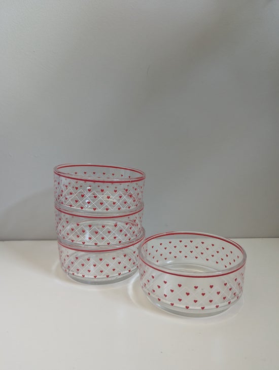 PYREX SMITTEN DITSY HEART PRINT VINTAGE 1990s GLASS BOWL SET