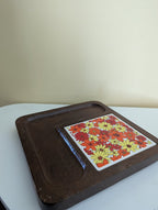 WOODEN 1970s FLORAL CERAMIC TILE INSERT VINTAGE CHEESE BOARD
