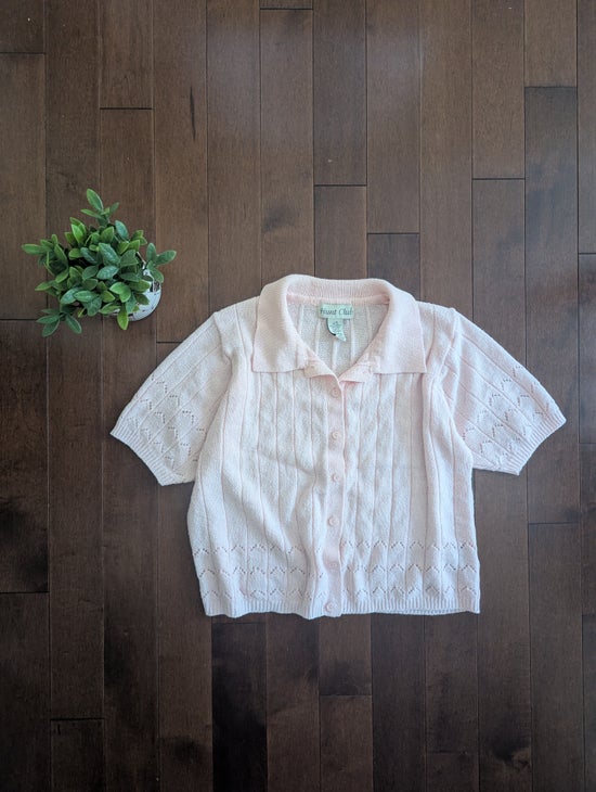 BABY PINK EYELET SHORT SLEEVE VINTAGE KNIT BUTTON UP  SWEATER