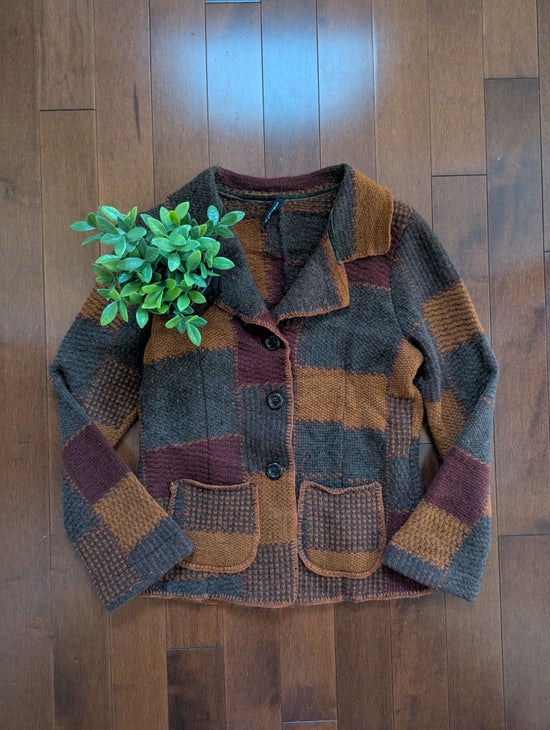 FALL COLORED VINTAGE WOOL PATCHWORK KNIT CARDIGAN SWEATER