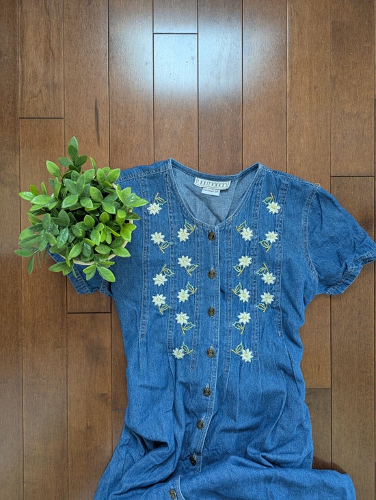 DAISY FLORAL DETAIL VINTAGE 1990s DENIM BUTTON DOWN DRESS