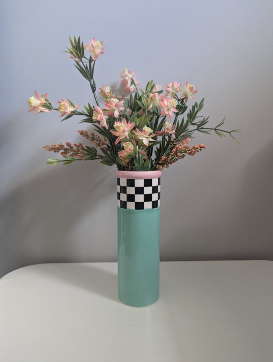 FITZ & FLOYD 1985 FANTASY FAIR PASTEL CHECKERED VINTAGE VASE