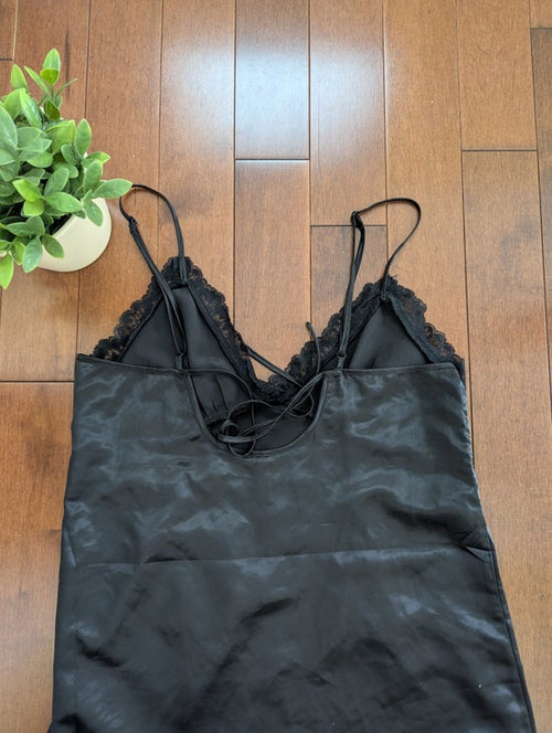 BLACK SATIN LACE DETAIL VINTAGE SLIP DRESS