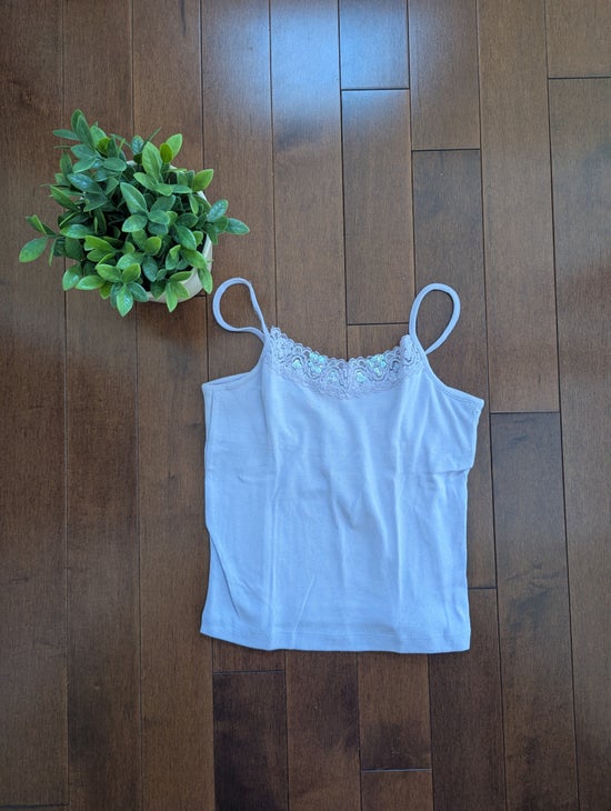 LILAC PURPLE Y2K 2000S VINTAGE BEADED LACE DETAIL TANK TOP
