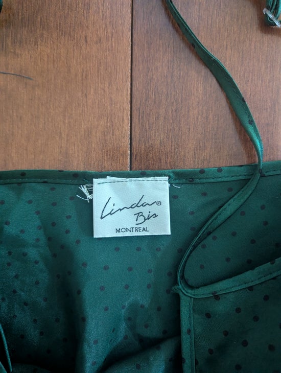 LINDA BIS MONTREAL GREEN POLKA DOT VINTAGE 1990s SATIN DRESS