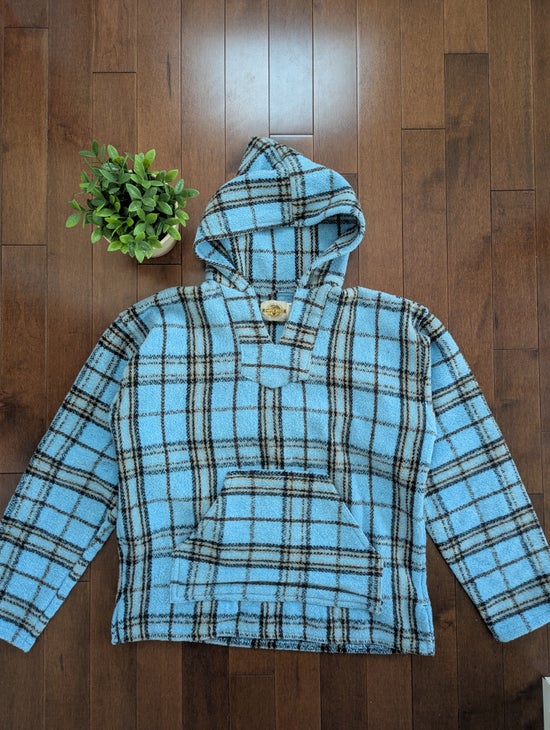 EARTH RAGZ BABY BLUE PLAID VINTAGE 1990s FLEECE PULLOVER HOODIE