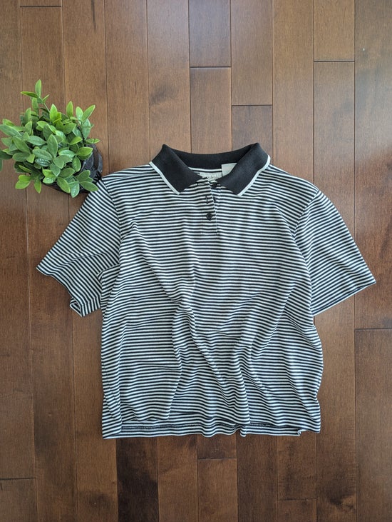 BASIC BLACK & WHITE STRIPED VINTAGE 1990s COLLAR TSHIRT