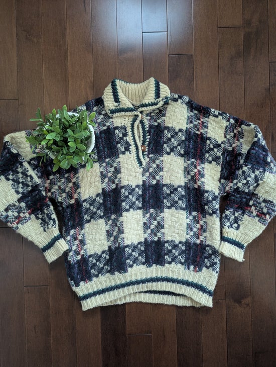 BALTA IMPORTS PLAID CHUNKY WOOL KNIT VINTAGE 1990s COWICHAN SWEATER