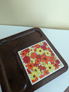 WOODEN 1970s FLORAL CERAMIC TILE INSERT VINTAGE CHEESE BOARD