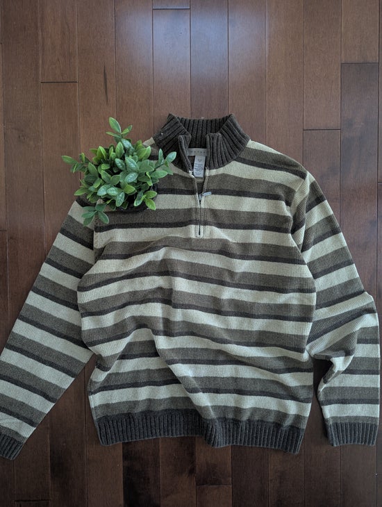 BROWN STRIPED VINTAGE QUARTER ZIP SWEATSHIRT