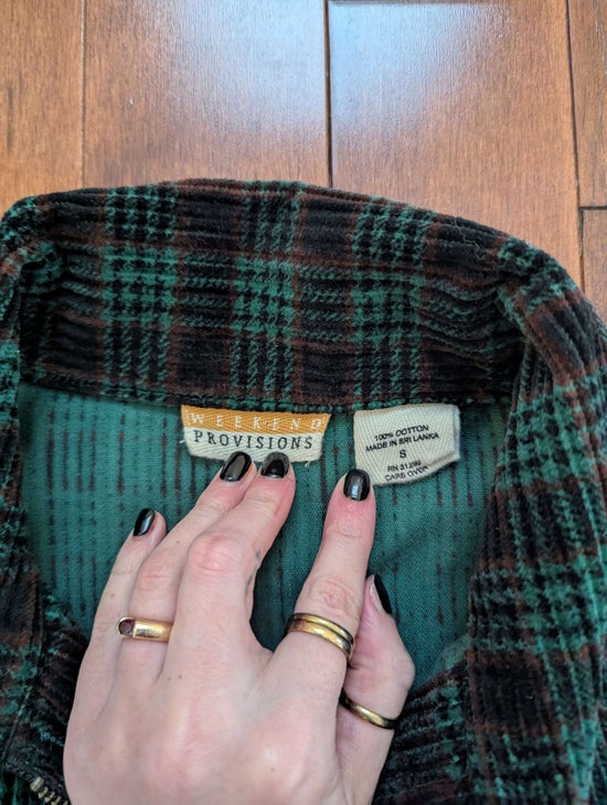 FOREST GREEN PLAID PRINT VINTAGE 1990s CORDUROY ZIP UP FLANNEL SHIRT