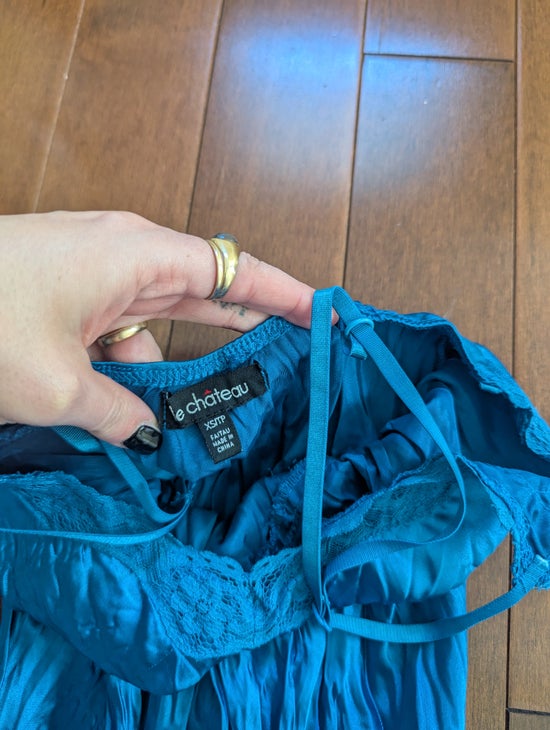 LE CHATEAU Y2K 2000S VINTAGE BLUE SATIN FLUTED MAXI DRESS