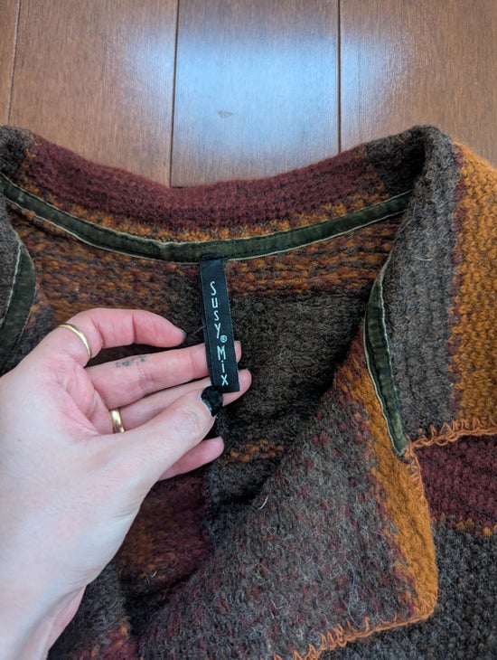 FALL COLORED VINTAGE WOOL PATCHWORK KNIT CARDIGAN SWEATER