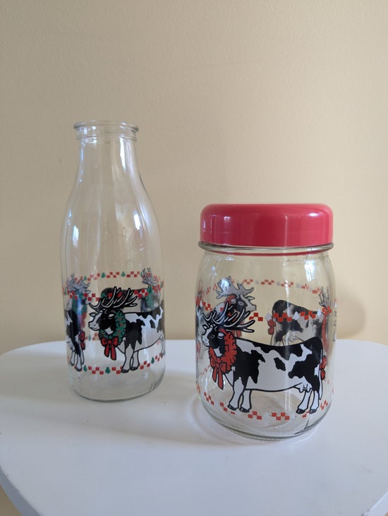 CHRISTMAS COW VINTAGE FRENCH GLASS MILK JUG & JAR SET