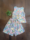 PASTEL FLORAL PRINT VINTAGE 1990s BUTTON UP TOP & FLOWY SHORT SET