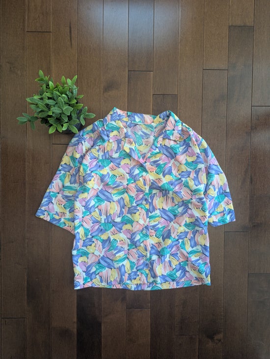 COLORFUL FLORAL PRINT VINTAGE  1990s BUTTON UP SHIRT
