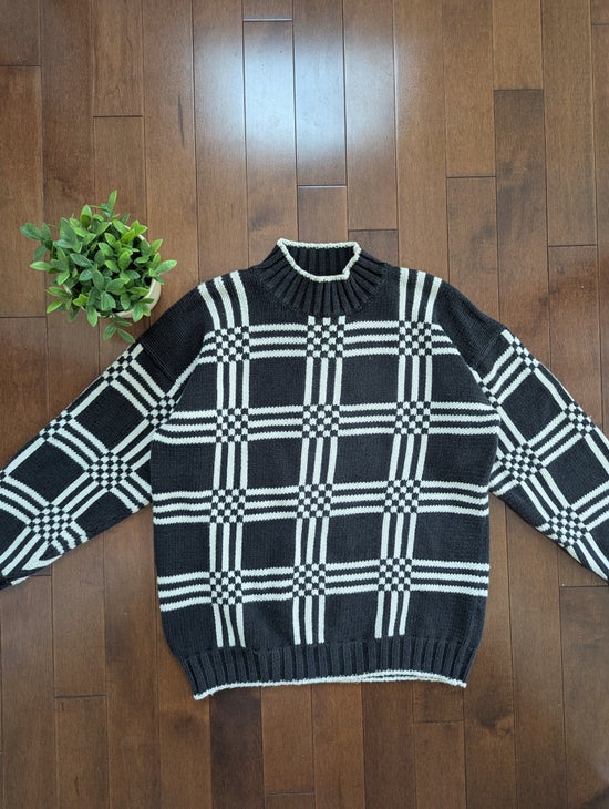 CHECKER PLAID PRINT VINTAGE 1990s CHUNKY KNIT TURTLENECK SWEATER