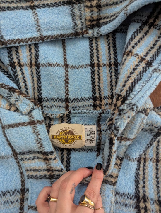EARTH RAGZ BABY BLUE PLAID VINTAGE 1990s FLEECE PULLOVER HOODIE