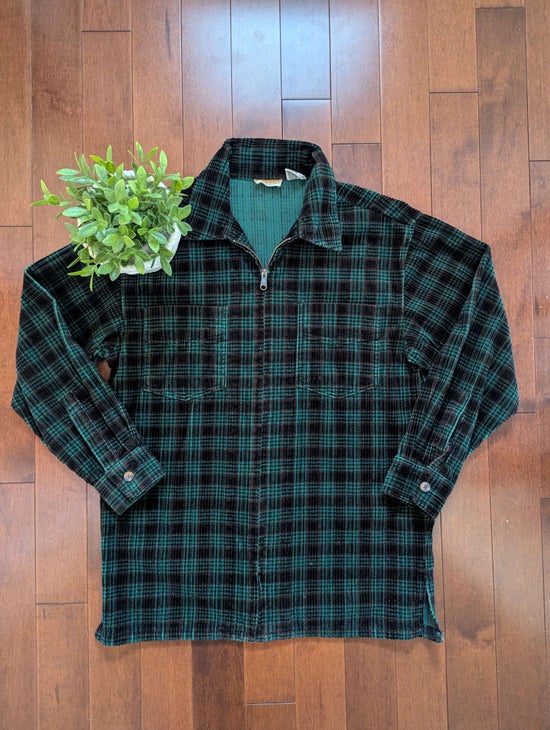 FOREST GREEN PLAID PRINT VINTAGE 1990s CORDUROY ZIP UP FLANNEL SHIRT
