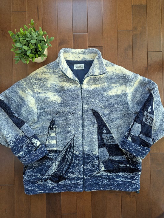 NORTHERN REFLECTIONS SAILBOAT PRINT VINTAGE FLEECE ZIP UP SWEATSHIRT