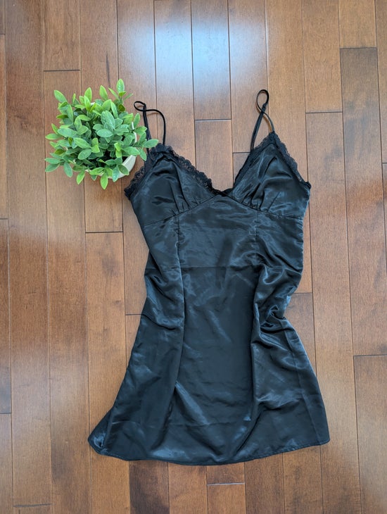BLACK SATIN LACE DETAIL VINTAGE SLIP DRESS