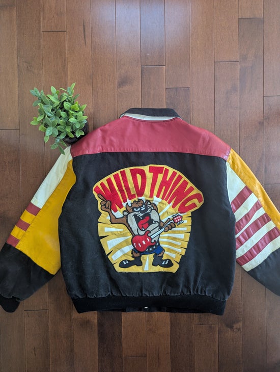 LOONEY TUNES TAZ WILD THING 1990s JEFF HAMILTON LEATHER VARSITY VINTAGE JACKET