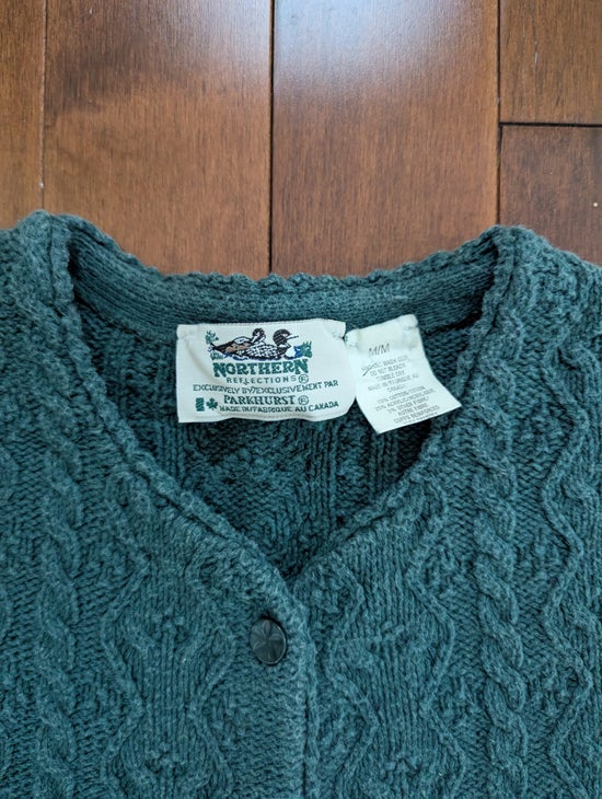 NORTHERN REFLECTIONS FOREST GREEN CABLE KNIT VINTAGE CARDIGAN SWEATER