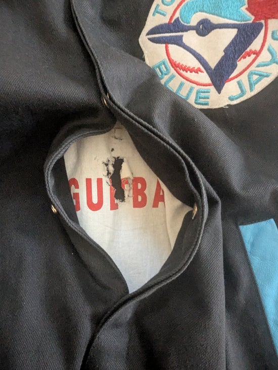 TORONTO BLUE JAYS 1990s JEFF HAMILTON BIG LOGO LEATHER VARSITY JACKET