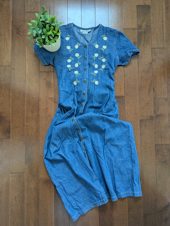 DAISY FLORAL DETAIL VINTAGE 1990s DENIM BUTTON DOWN DRESS