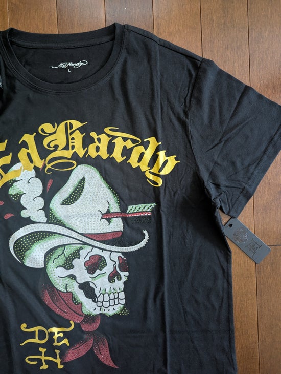 ED HARDY RHINESTONE SKULL COWBOY Y2K 2000s VINTAGE TSHIRT
