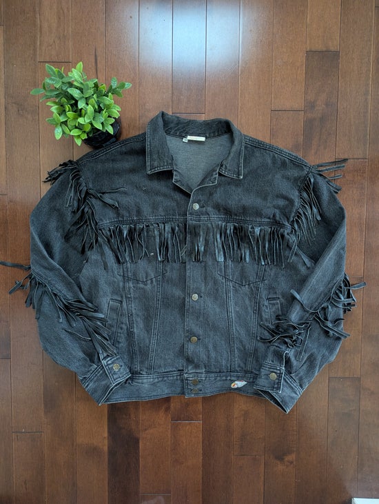 JEFF HAMILTON VINTAGE 1980s FRINGE DETAIL BLACK DENIM JACKET