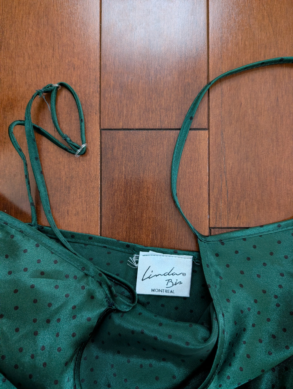 LINDA BIS MONTREAL GREEN POLKA DOT VINTAGE 1990s SATIN DRESS